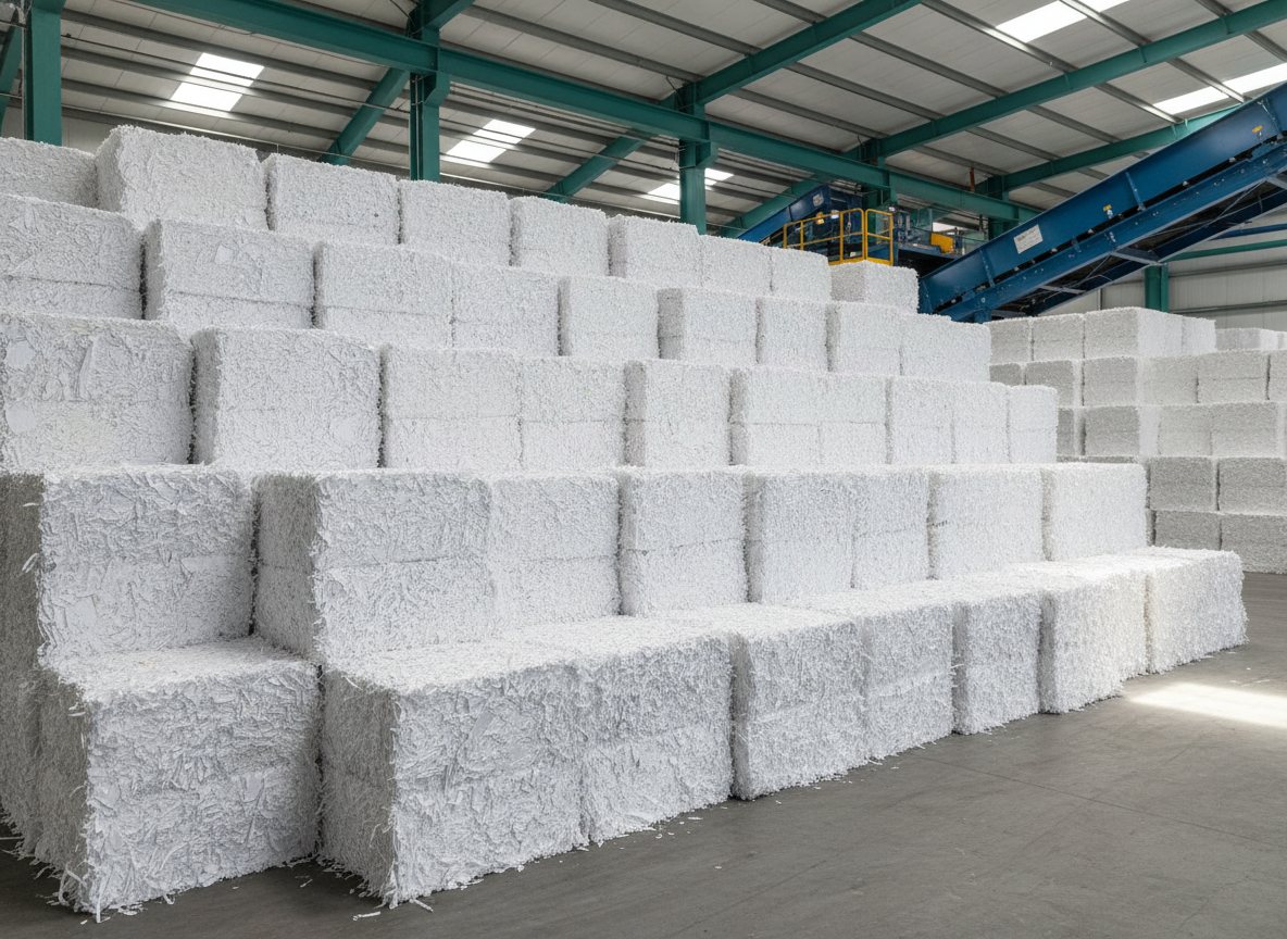 Compressed bales of shredded paper ready for recycling at a facility.