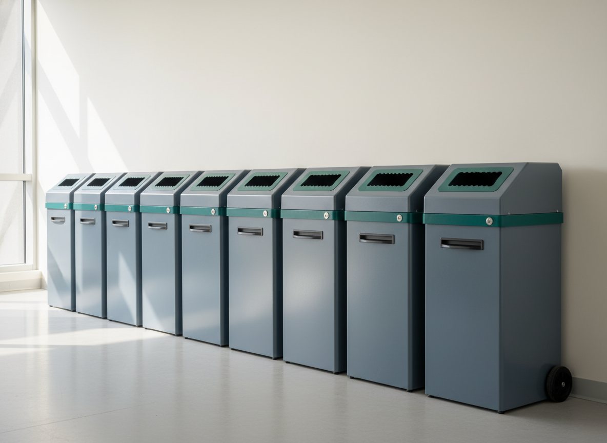 Locked secure document collection consoles lined up in a bright office.