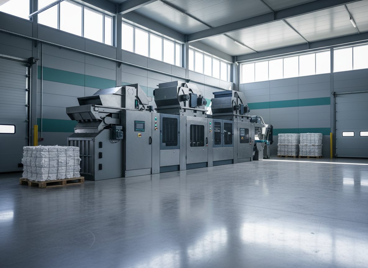 Interior of a secure shredding facility with industrial equipment in daylight.