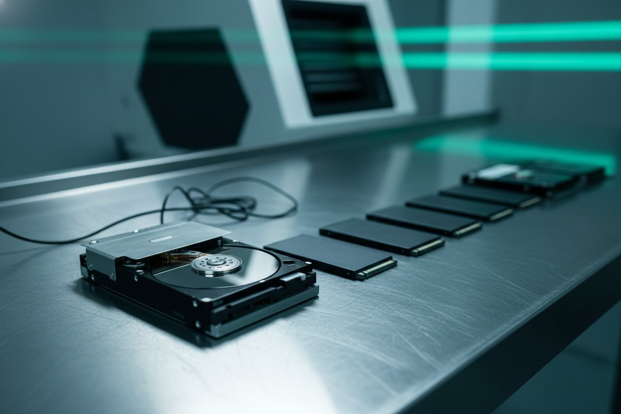A row of hard drives and solid-state drives laid out on a steel surface awaiting destruction.