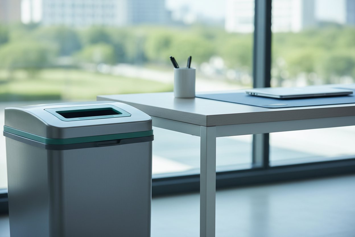 A locked office paper-collection bin beside a desk in a daylit workspace.