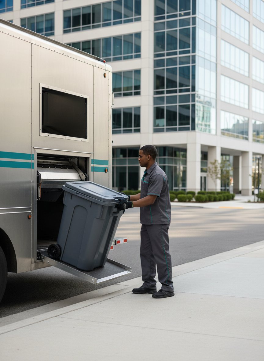 A mobile shredding truck parked at a Las Vegas office curb in daylight.