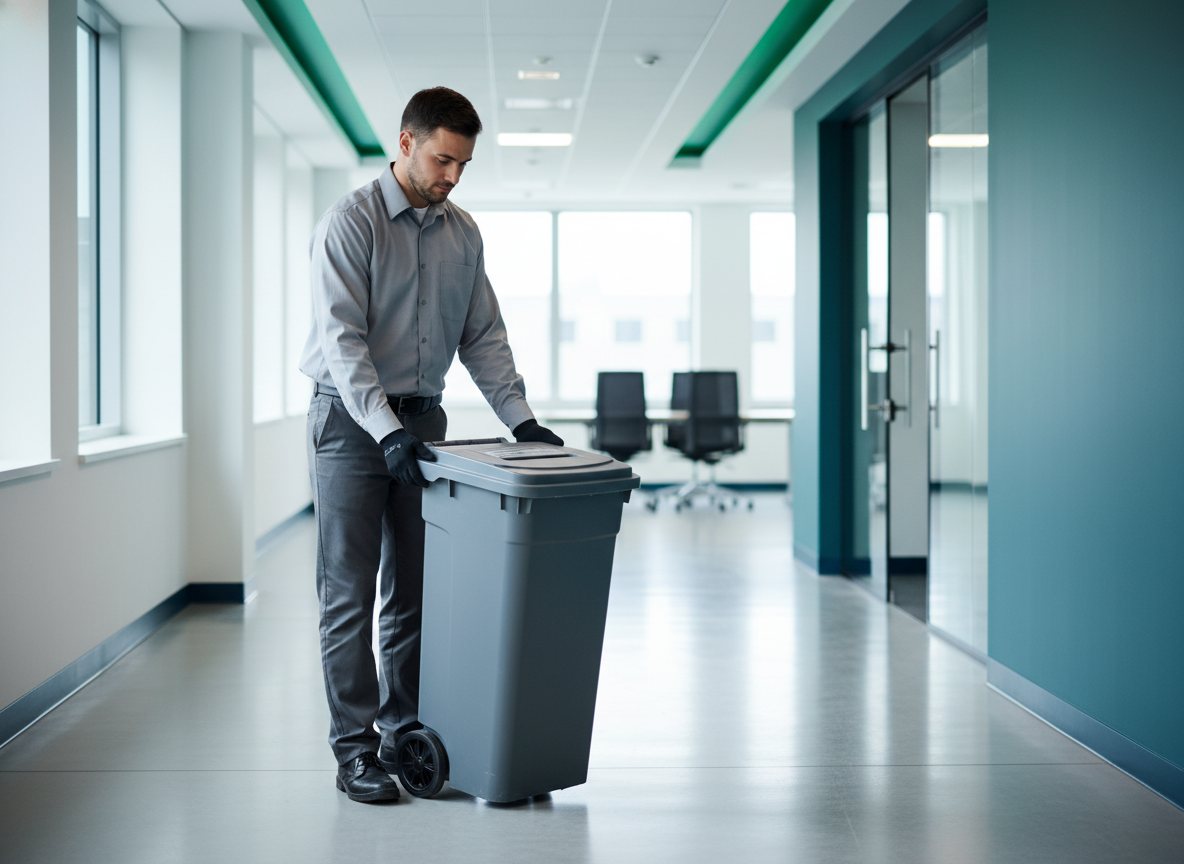 A uniformed shredding technician wheeling a locked collection bin to a truck.